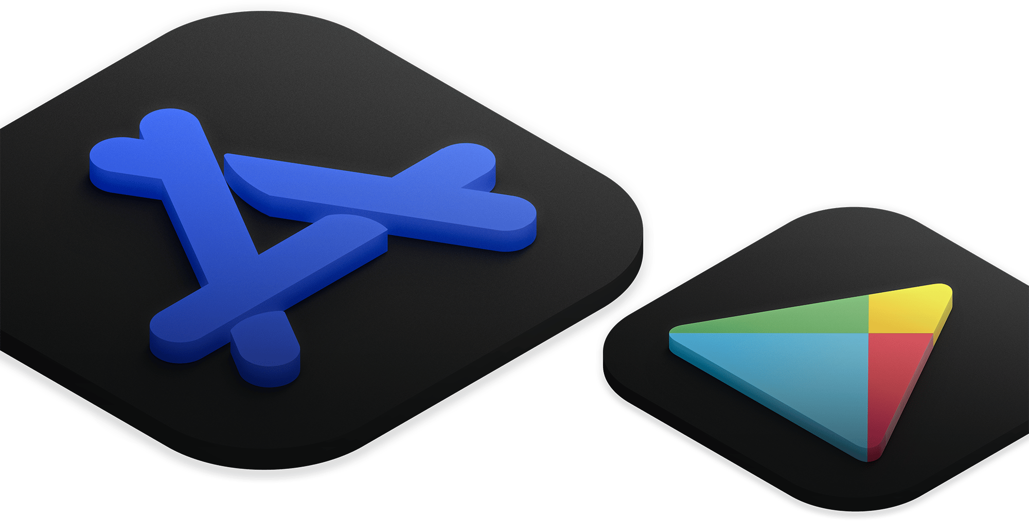 3D Apple App Store and Google Play Store icons on a dark background, representing custom mobile app development services for iOS and Android.