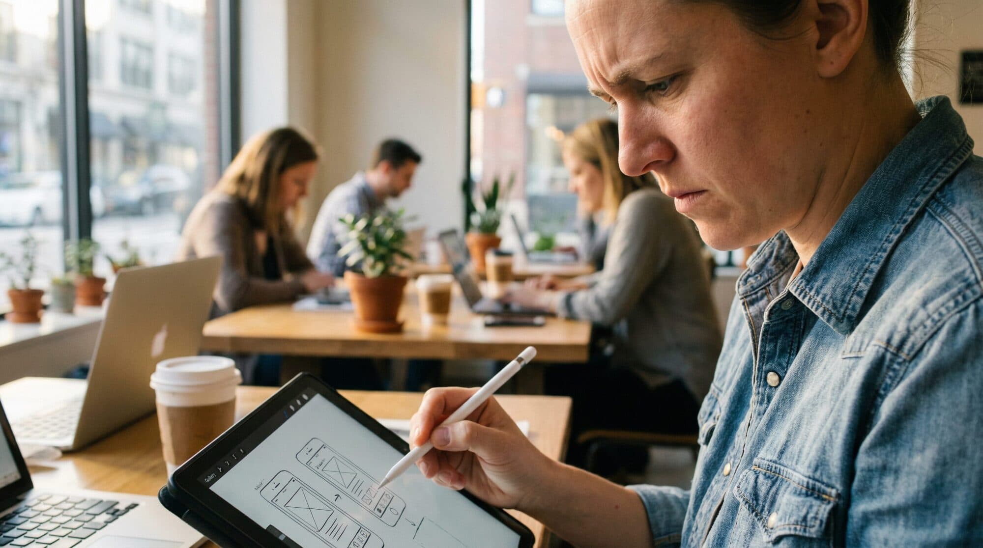 A woman in a denim shirt focused on sketching mobile app wireframes on a tablet with a stylus in a bright, bustling cafe.