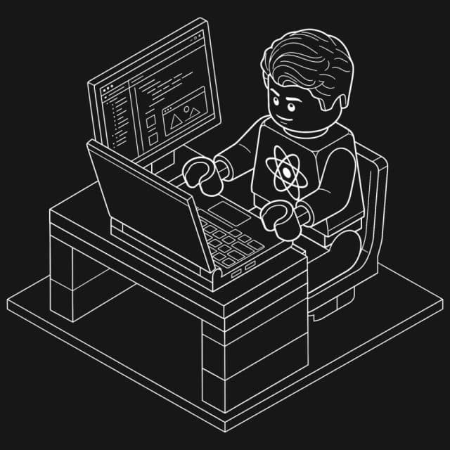 White line art illustration of a LEGO programmer minifigure with a React atom logo coding at a desk, representing react native mobile application development services.