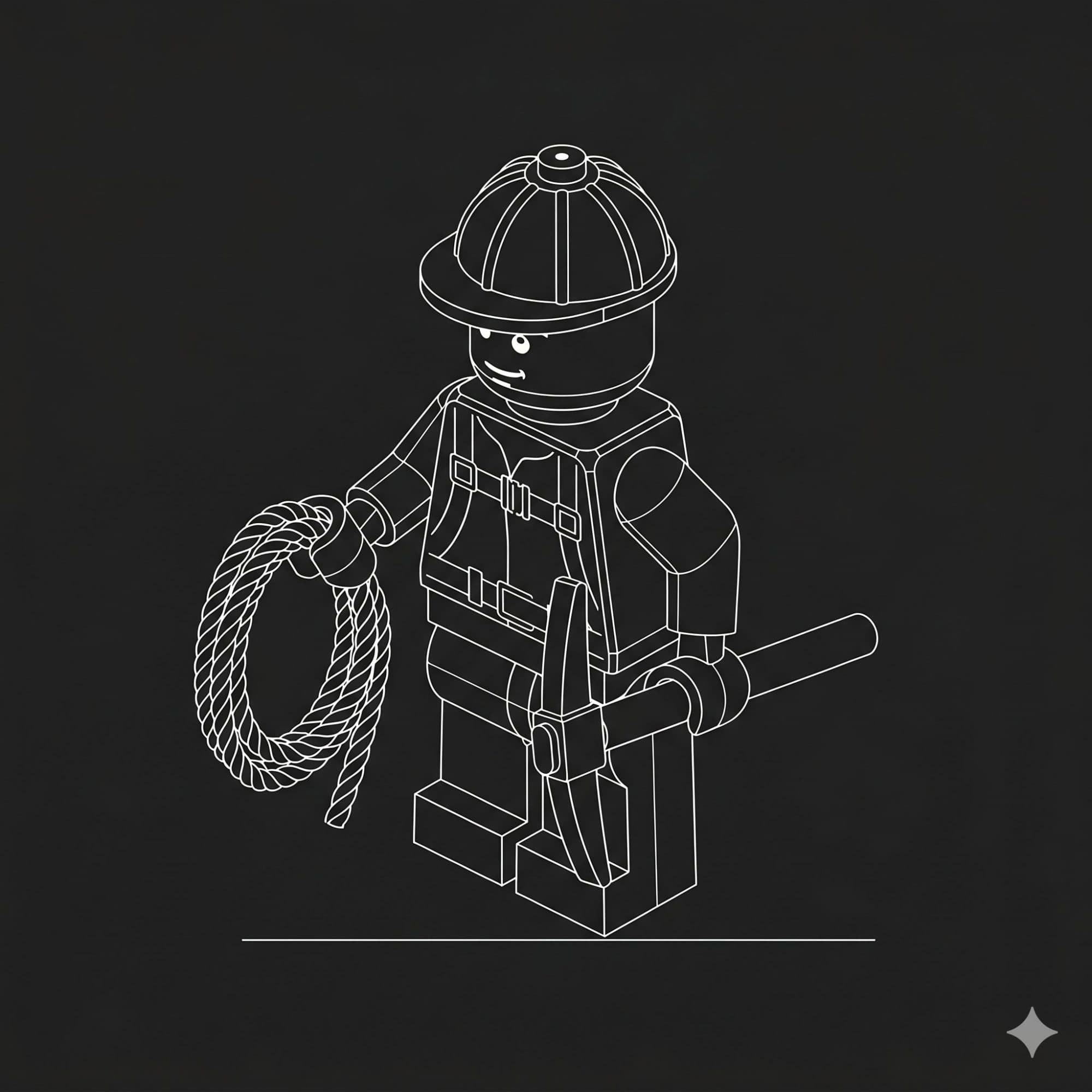 White outline illustration of a toy builder holding a rope and pickaxe, representing the foundation-building phase of custom mobile app development for startups.