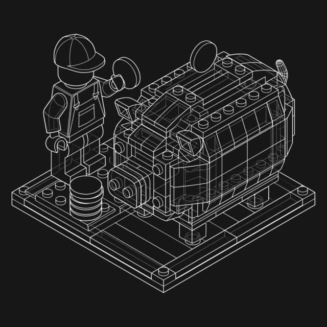 White line art illustration of a LEGO minifigure putting a coin into a large, brick-built piggy bank, representing the cost-efficiency of mobile application development platforms.