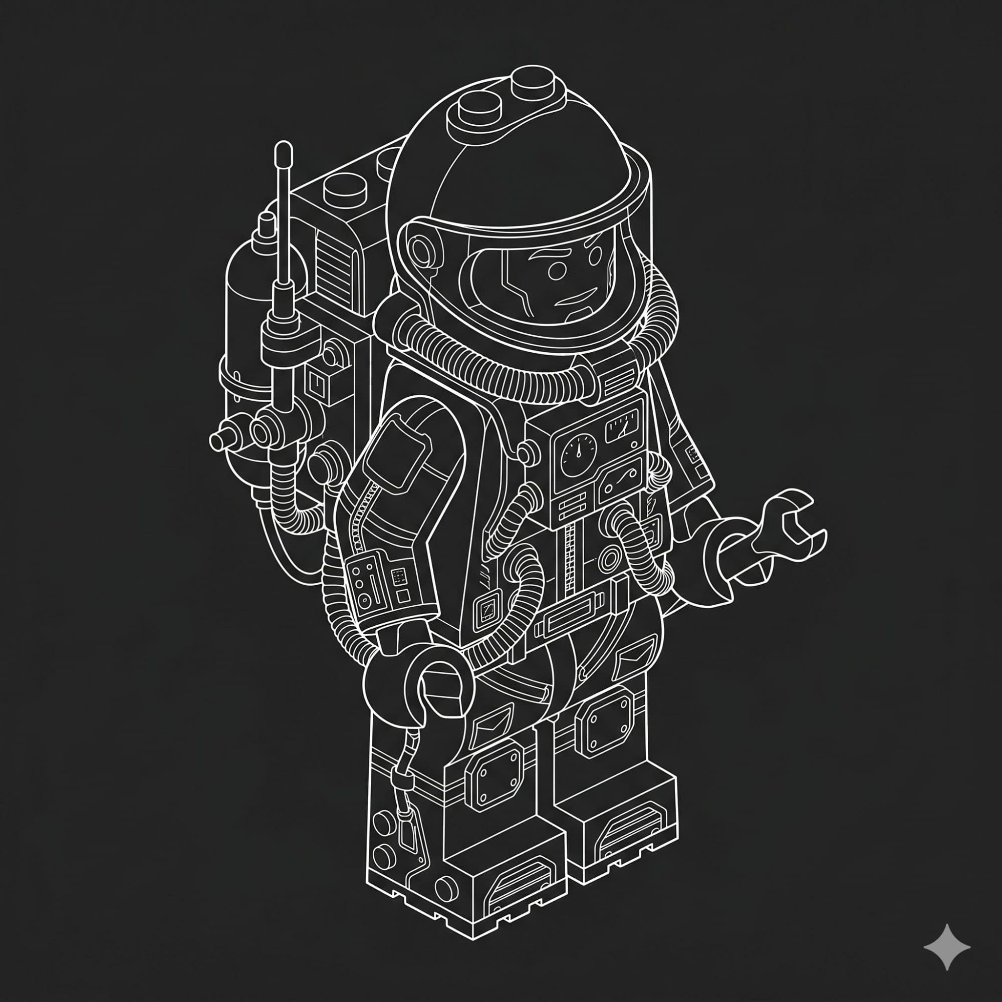 Isometric line art illustration of a Lego-style astronaut in a detailed spacesuit, symbolizing the launch phase provided by app publishing services.