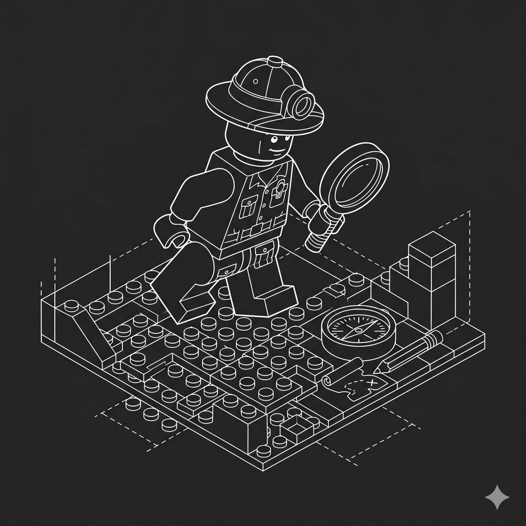 Isometric line art illustration of a Lego-style explorer holding a magnifying glass over a map and compass, symbolizing audience discovery and strategy in mobile app marketing.
