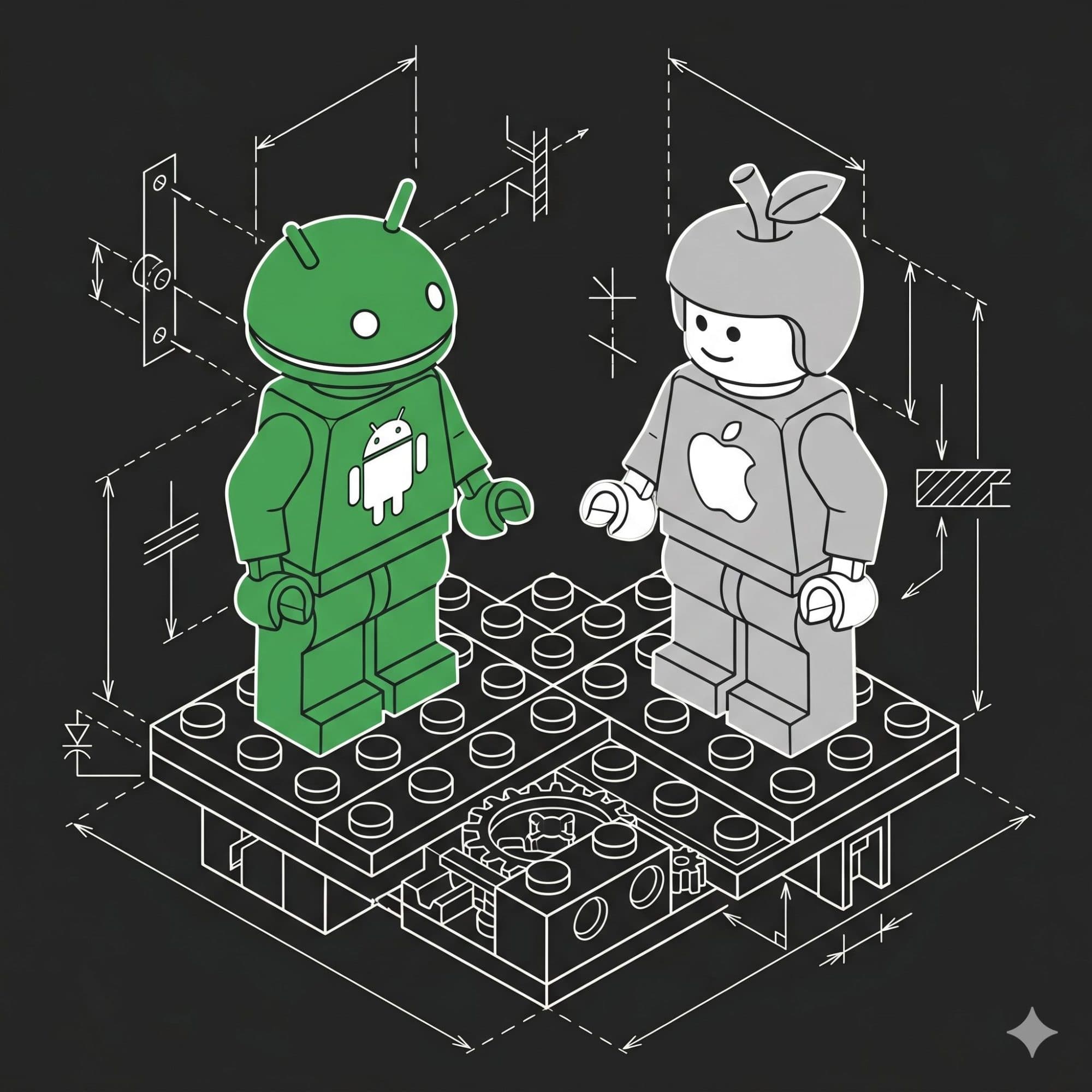 Isometric blueprint illustration of Android and Apple Lego figures, visualizing native vs. cross-platform app development.