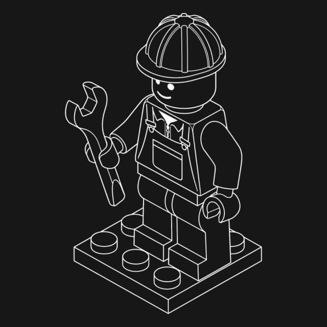 White line art illustration of a LEGO mechanic minifigure holding a large wrench, representing mobile app maintenance.
