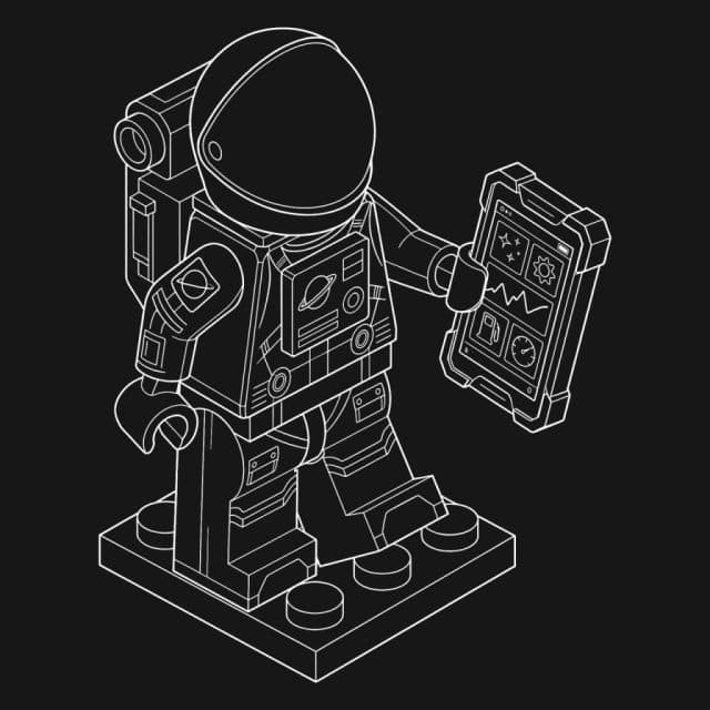 White line art illustration of a LEGO astronaut minifigure holding a tablet displaying a dashboard, symbolizing app publishing services.