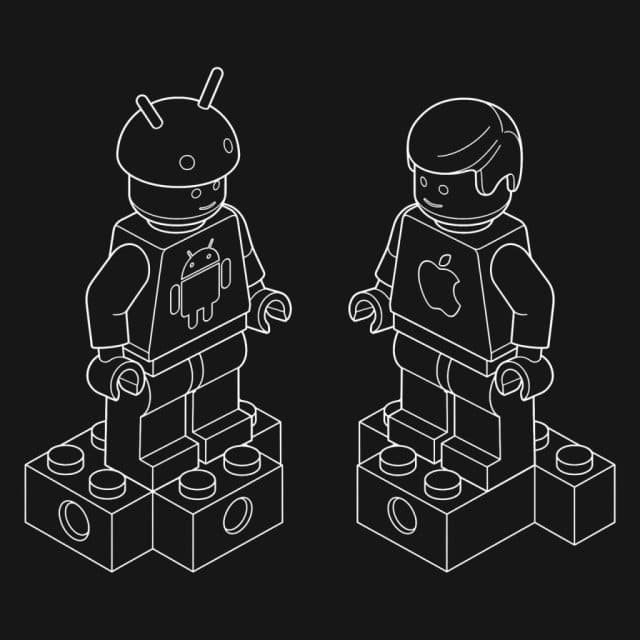 White line art illustration of Android and Apple LEGO minifigures facing each other, representing native vs. cross-platform app development.