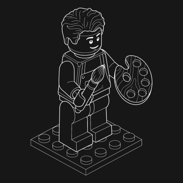 White line art illustration of a LEGO artist minifigure holding a paintbrush and palette, representing the bespoke creation process of what is custom software development.