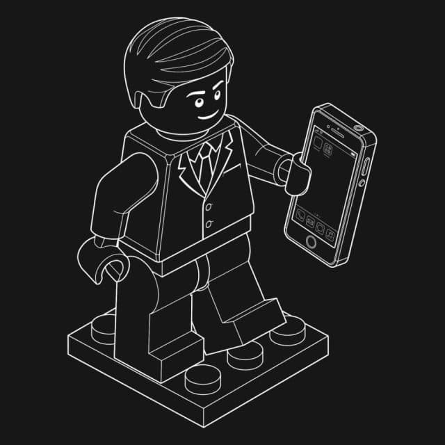White line art illustration of a business Lego minifigure holding a smartphone, representing cross-platform app development.