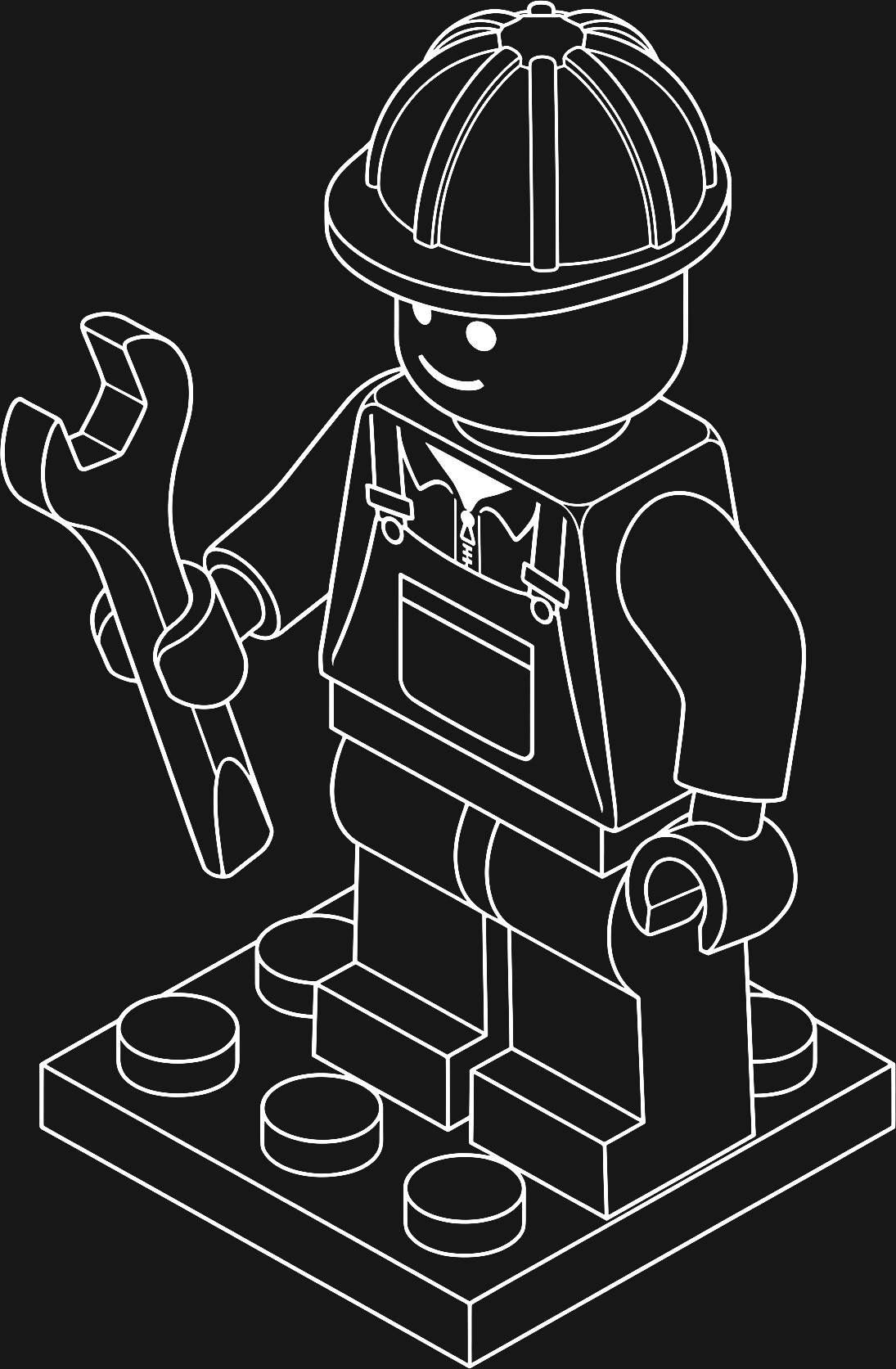 White line art illustration of a LEGO mechanic minifigure holding a large wrench, representing mobile app maintenance.