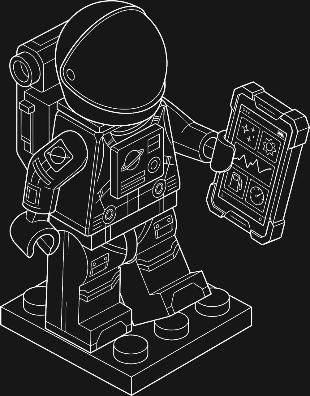 White line art illustration of a LEGO astronaut minifigure holding a tablet displaying a dashboard, symbolizing app publishing services.