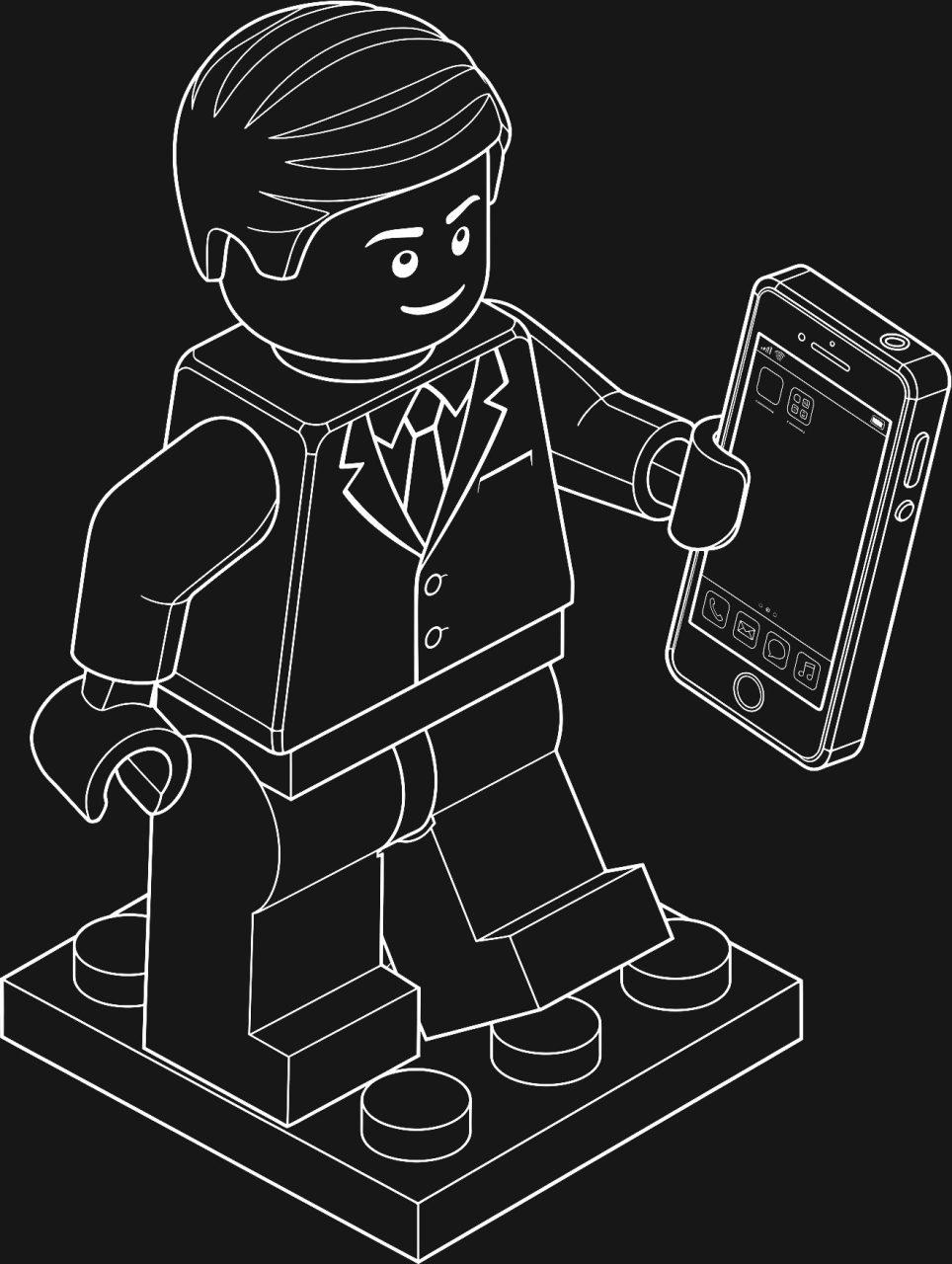 White line art illustration of a business Lego minifigure holding a smartphone, representing cross-platform app development.