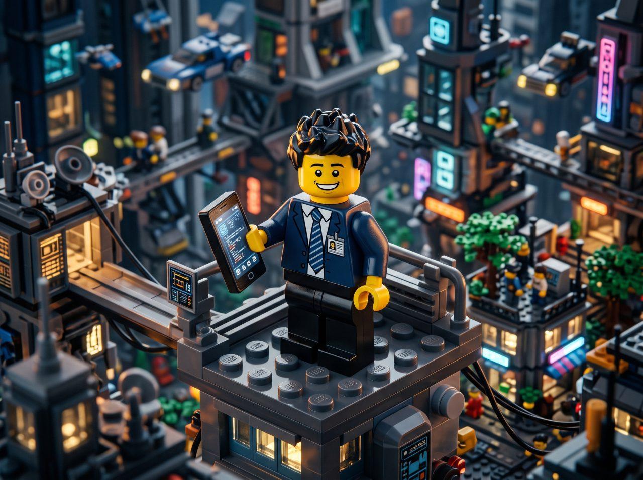 A LEGO-style businessman in a suit stands atop a skyscraper in a brightly lit, futuristic city holding a smartphone, illustrating the expansive reach and seamless integration of cross-platform app development.