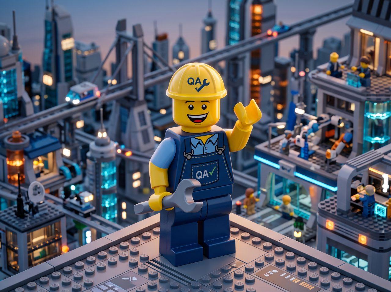 A LEGO-style construction worker wearing a hard hat and holding a wrench stands on an elevated platform overlooking a futuristic, illuminated toy city, serving as a visual metaphor for the intricate, behind-the-scenes work of mobile app maintenance.