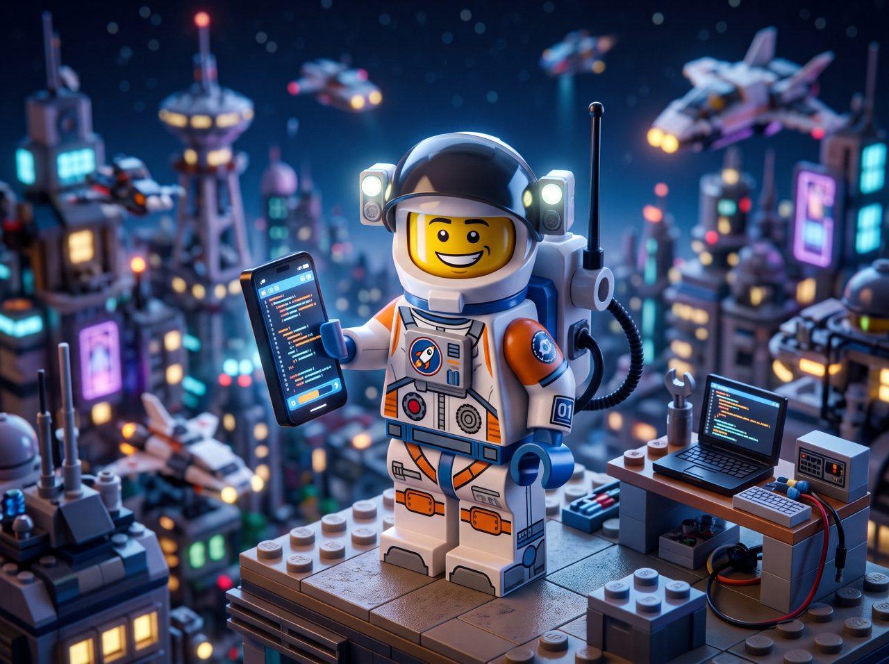 A LEGO-style astronaut stands on a space station platform holding a glowing smartphone, surrounded by futuristic spacecraft and blue lights, symbolizing the launch and global reach offered by app publishing services.
