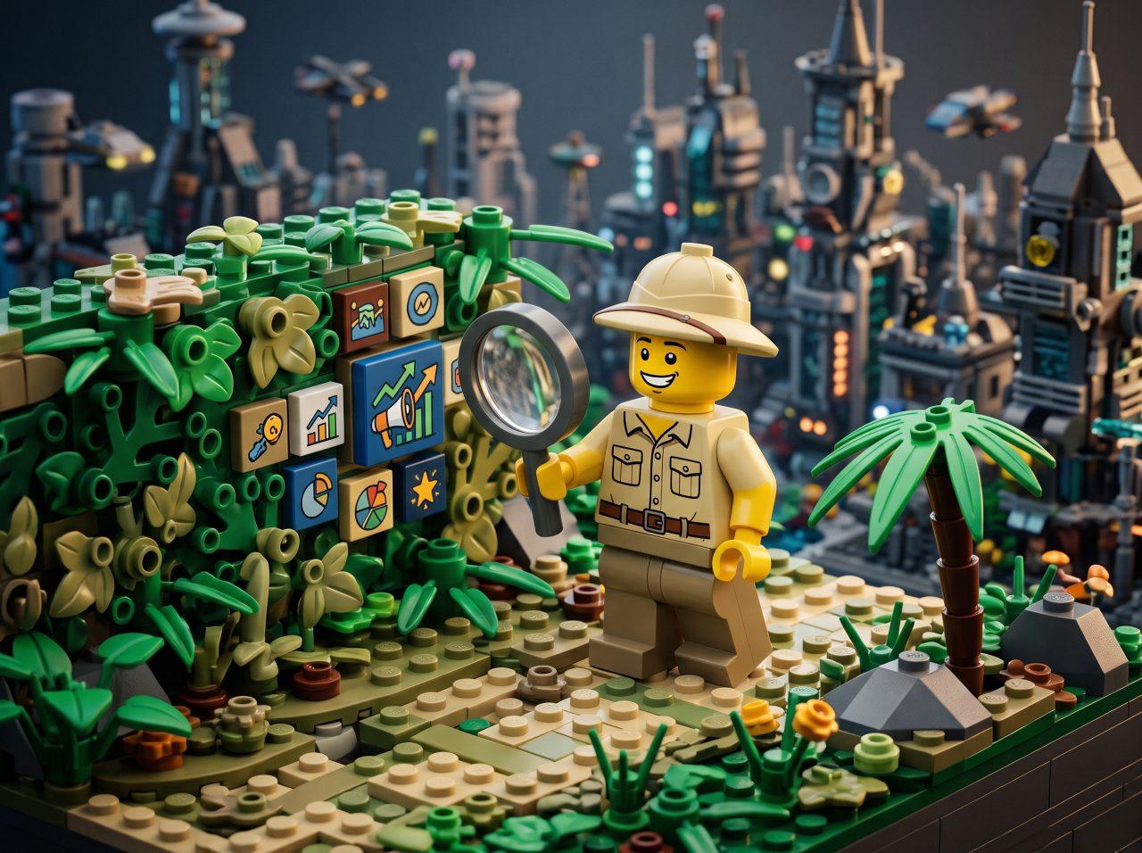 A LEGO-style explorer minifigure using a magnifying glass to examine large app icons in a futuristic city, illustrating concepts of mobile app marketing.