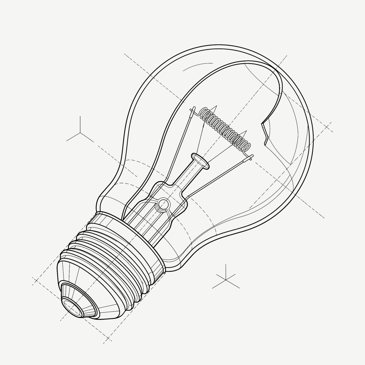 Lightbulb technical blueprint illustrating how to launch an app from initial concept to design.