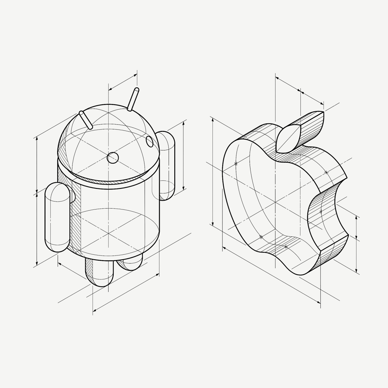 Isometric blueprint drawing of the Android robot and the Apple logo side by side with technical dimension lines, representing native vs. cross-platform app development.
