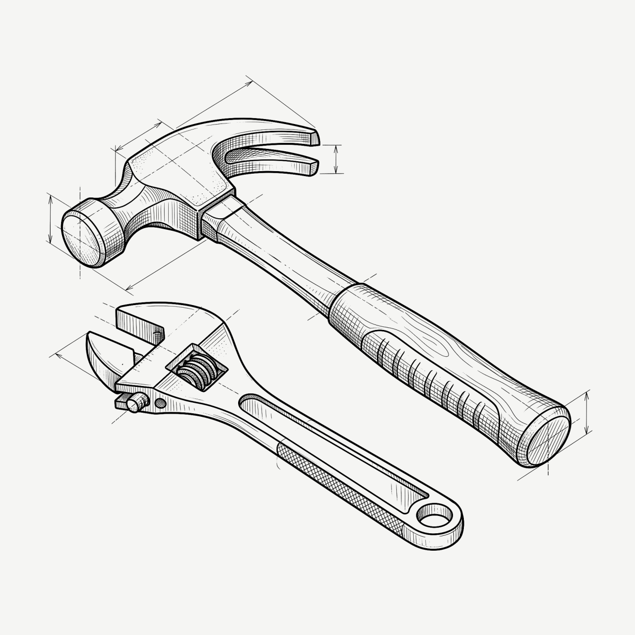 Technical drawing of a claw hammer and adjustable wrench representing mobile app maintenance tools.