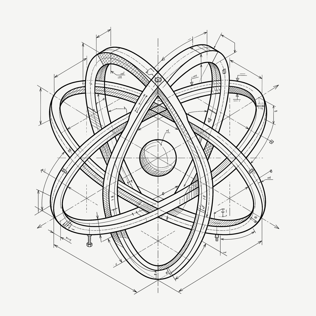 Blueprint-style technical drawing of a 3D React atom logo, representing React Native mobile application development services.