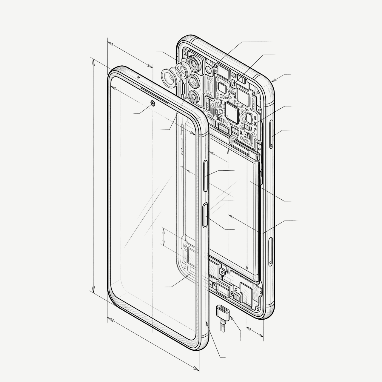 Isometric schematic technical drawing of a smartphone disassembled into exploded-view components, illustrating cross-platform app development hardware specifications.