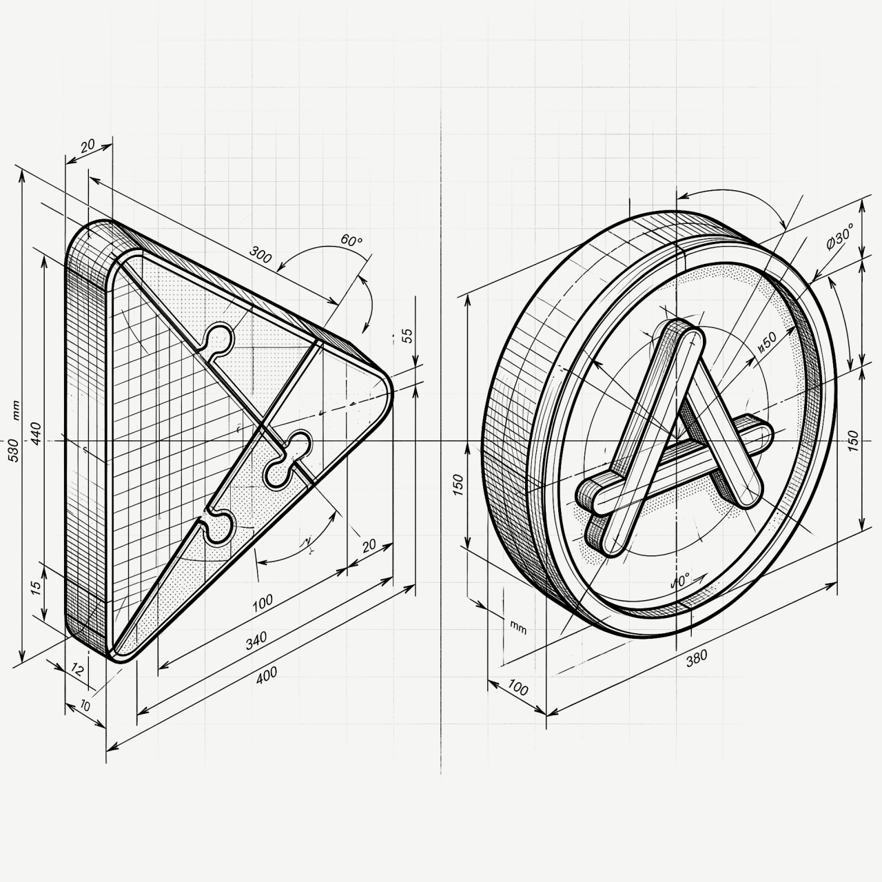 Technical blueprint sketches of Google Play and Apple App Store icons representing app publishing and design.