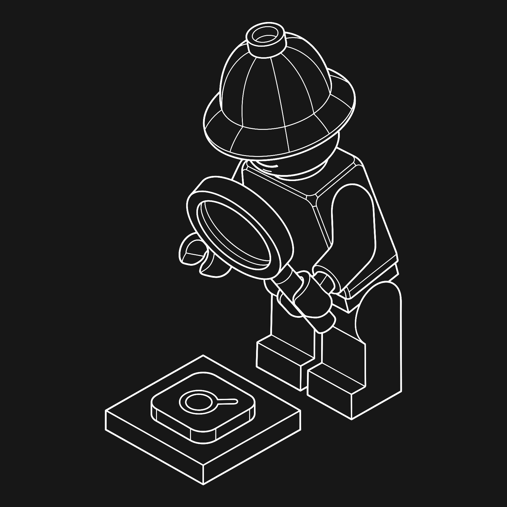 White line art illustration of a LEGO explorer minifigure inspecting an app search icon with a magnifying glass, symbolizing mobile app marketing.