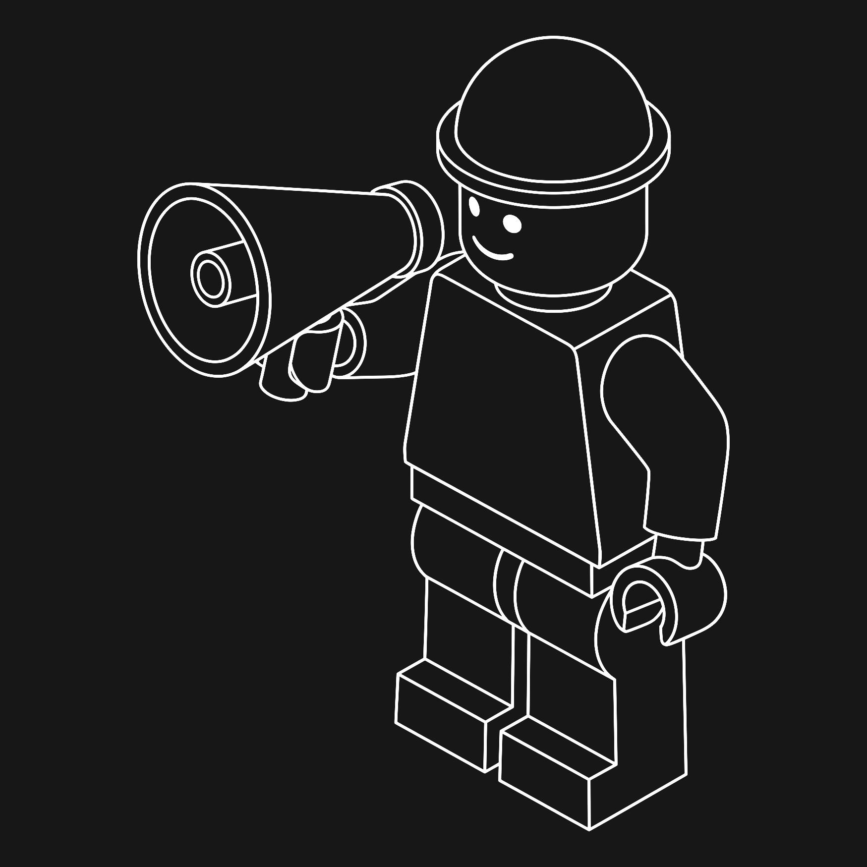 White line art illustration of a LEGO minifigure holding a megaphone, representing how to promote your mobile app.
