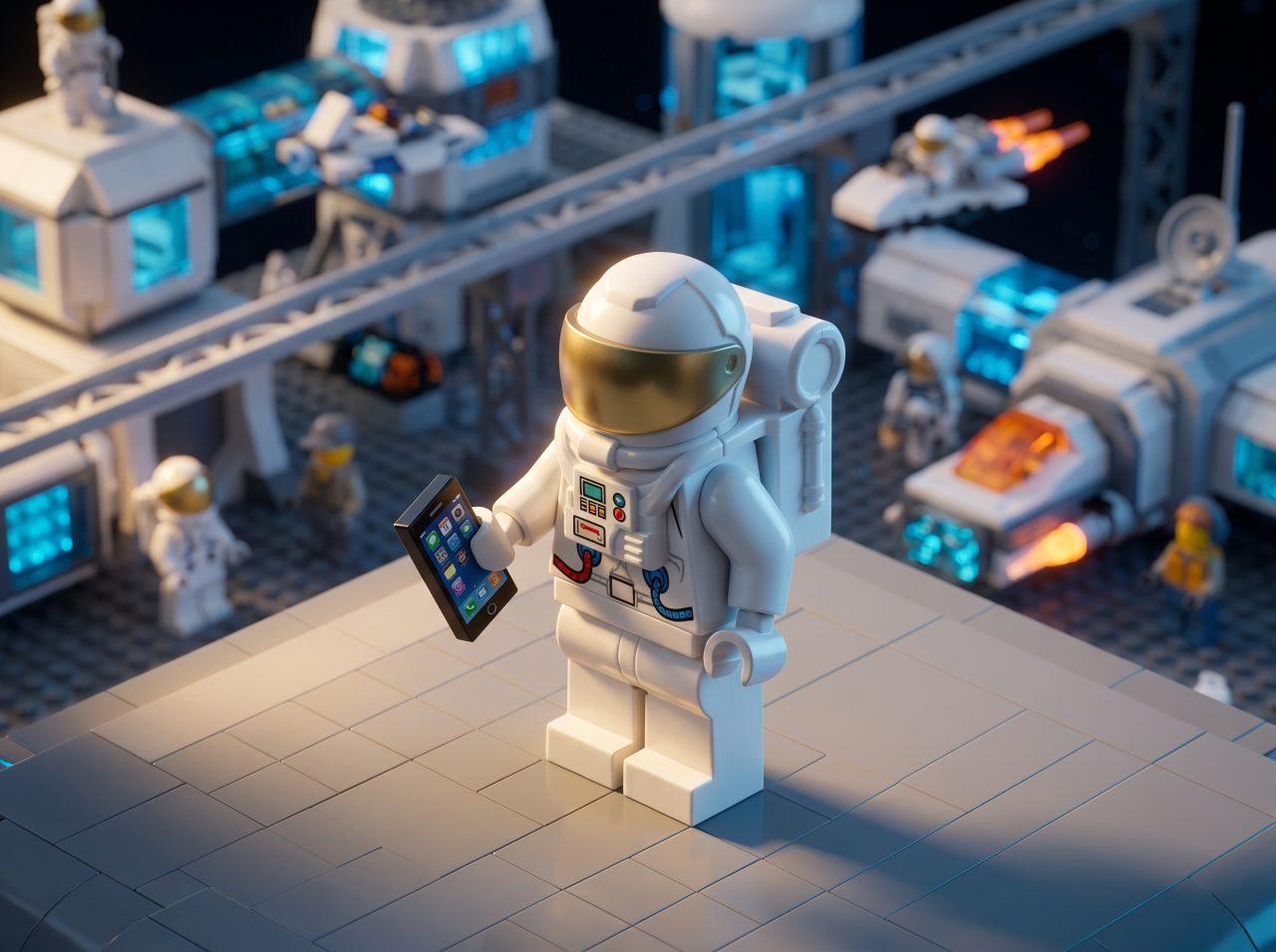 A LEGO-style astronaut stands on a space station platform holding a glowing smartphone, surrounded by futuristic spacecraft and blue lights, symbolizing the launch and global reach offered by app publishing services.
