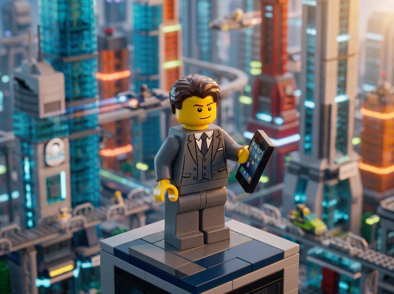A LEGO-style businessman in a suit stands atop a skyscraper in a brightly lit, futuristic city holding a smartphone, illustrating the expansive reach and seamless integration of cross-platform app development.