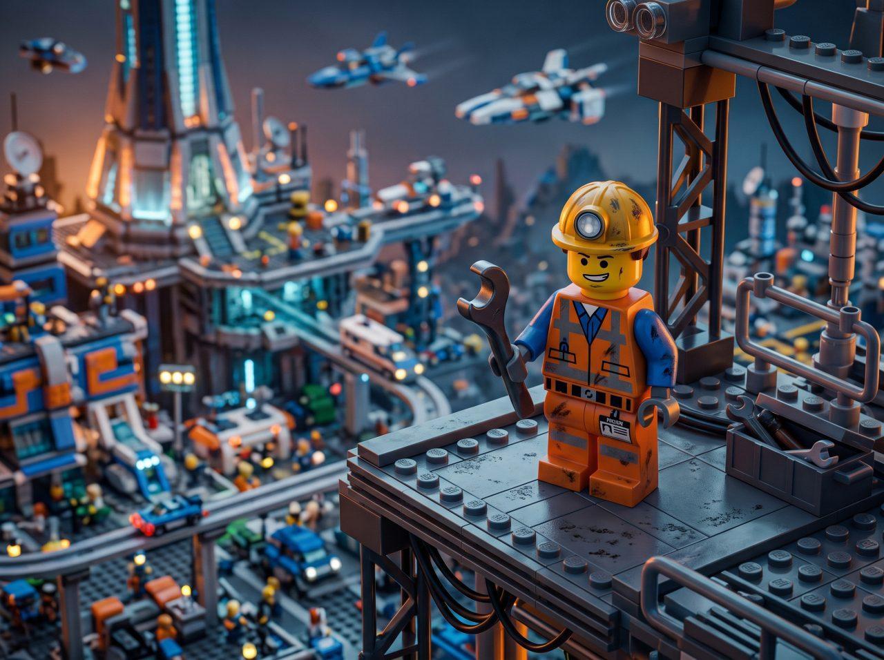 A LEGO-style construction worker wearing a hard hat and holding a wrench stands on an elevated platform overlooking a futuristic, illuminated toy city, serving as a visual metaphor for the intricate, behind-the-scenes work of mobile app maintenance.